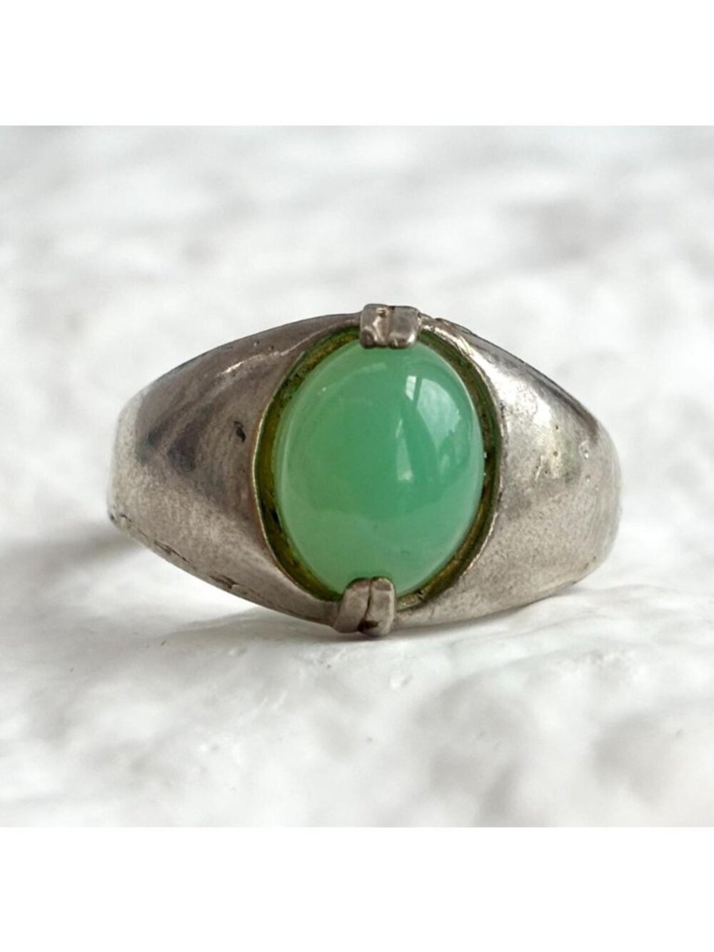 Green Chrysoprase Cabochon Oval Sterling Silver 925 Vintage Ring - sz 9.25